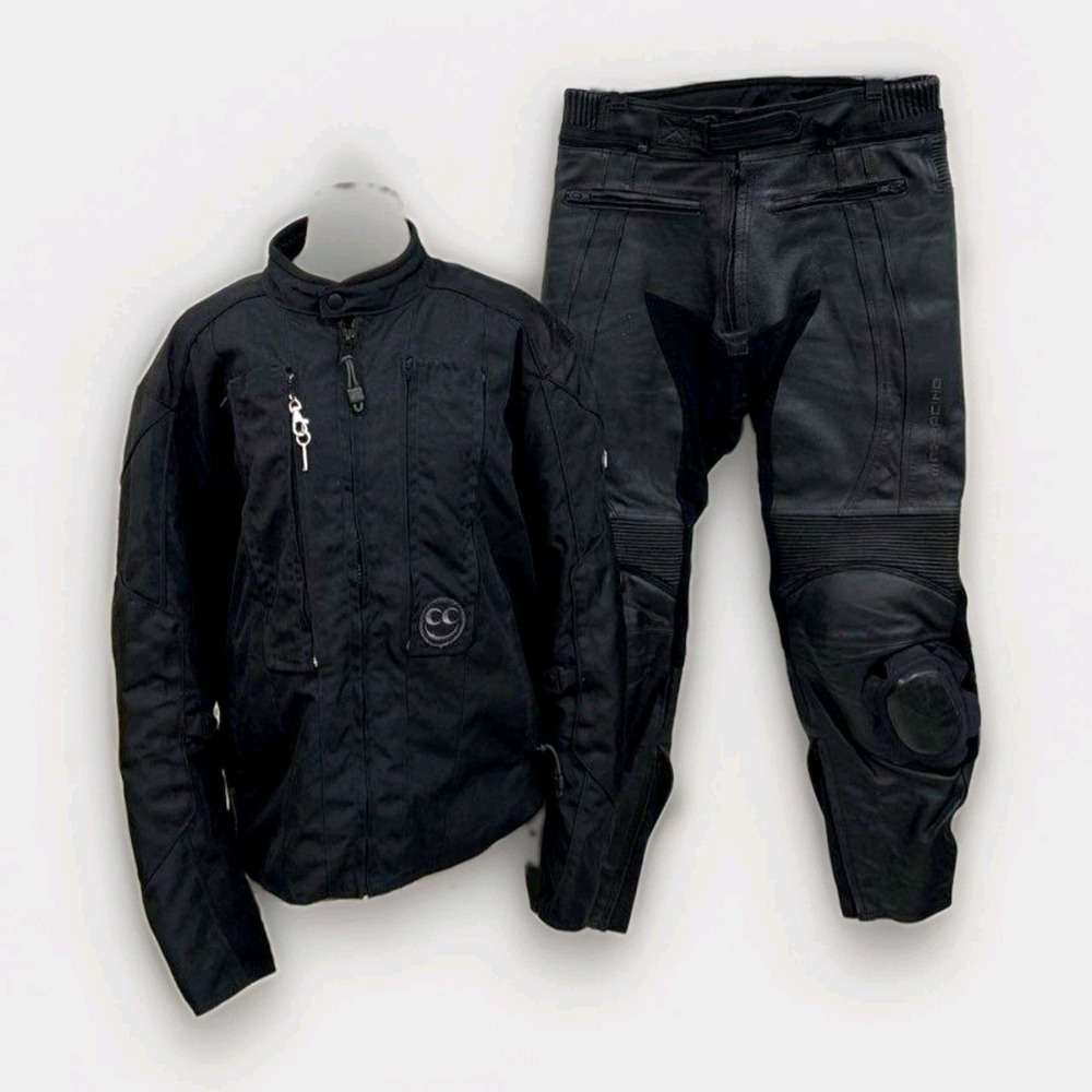 BiLT Men's Black Set of Motorcycle Riding Jacket L and Leather pants Size 34